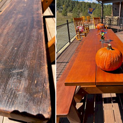 Heritage Large Wooden Picnic Table Before and After Touch Up. This table was 10 years old when it was hit by a strong hail storm (note the many dimples in the wood). Was sanded and resealed in 2023. Photo Courtesy of Patrick Meyer.