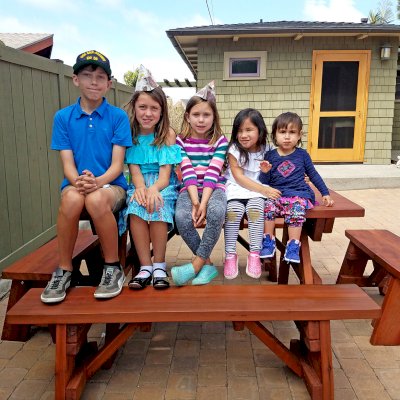 Heritage Large Wooden Picnic Table (Options: 5' L, 34 1/2" W, Side Benches, Unattached Benches, 1 Full Length Side Bench/Side, Forever Style Benches, Standard Tabletop, Slightly Rounded Corners, Standard Leg Flair, No Umbrella Hole, Transparent Premium Sealant). Photo Courtesy of karen phillips of San Diego, California.