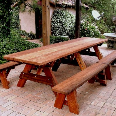 Heritage Large Wooden Picnic Table (Options: 12' L, 34 1/2" W, Side Benches, Unattached Benches, 2 Half Length Side Benches/Side, Forever Style Benches, Standard Tabletop, Slightly Rounded Corners, Standard Leg Flair, No Umbrella Hole, Transparent Premium Sealant).