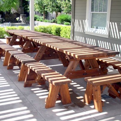 Heritage Large Wooden Picnic Tables (Options: 8' L, 34 1/2" W, Side & End Benches, Unattached Benches, 2 Half Length Side Benches/Side, Forever Style Benches, Seamless Tabletop, Squared Corners, Standard Leg Flair, No Umbrella Hole, Transparent Premium Sealant).