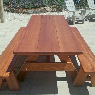 Heritage Large Wooden Picnic Table (Options: 8' L, 34 1/2" W, Side Benches, Unattached Benches, 1 Full Length Side Bench/Side, Forever Style Benches, Standard Tabletop, Slightly Rounded Corners, Standard Leg Flair, No Umbrella Hole, Transparent Premium Sealant). Photo Courtesy of T.Jacobi of San Luis Obispo, CA.