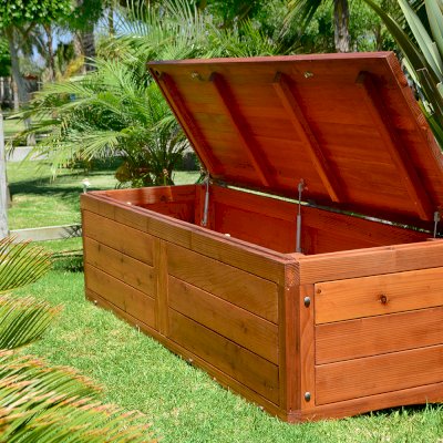 Holbrook Storage Bench (Options: 72 x 24 x 20, Mature Redwood, No Cushion, No Engraving, Transparent Premium Sealant).