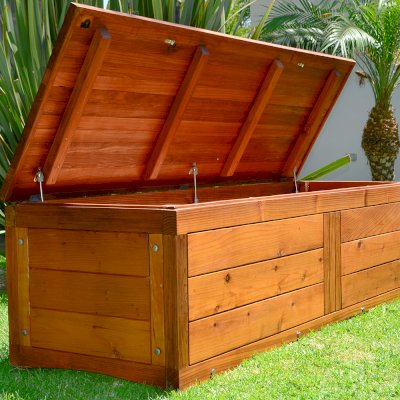 Holbrook Storage Bench (Options: 72 x 24 x 20, Mature Redwood, No Cushion, No Engraving, Transparent Premium Sealant).