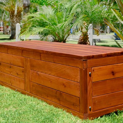 Holbrook Storage Bench (Options: 72 x 24 x 20, Mature Redwood, No Cushion, No Engraving, Transparent Premium Sealant).