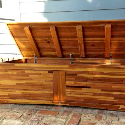 Holbrook Storage Bench (Options: 60" L x 20" W x 24" H, Mosaic Redwood, No Cushion, No Engraving, Transparent Premium Sealant). Photo Courtesy of C. Barty of Windsor, CA.