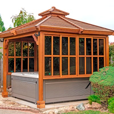 Hot Tub Enclosure Kits / Hot Tub Pavilion (Options: 9' x 9', California Redwood, Without Skylight, Sliding Windows on 3 Sides, 32" H Windows Clearance, 1 Curtain Rod, 4-Post Anchor Kit for Concrete, Transparent Premium Sealant). Photo Courtesy of A. Lin of Sunnyvale, California.