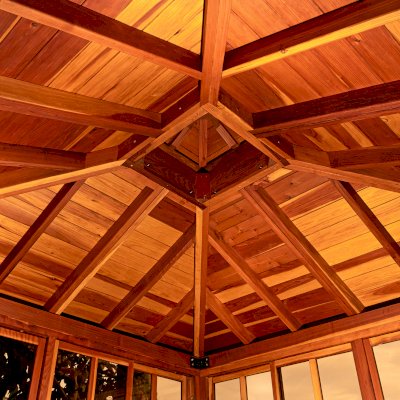Hot Tub Enclosure Kits / Hot Tub Pavilion (Options: 9' x 9', California Redwood, Without Skylight, Sliding Windows on 3 Sides, 32" H Windows Clearance, 1 Curtain Rod, 4-Post Anchor Kit for Concrete, Transparent Premium Sealant). Photo Courtesy of A. Lin of Sunnyvale, California.