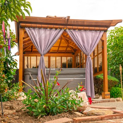 Hot Tub Enclosure Kits / Hot Tub Pavilion (Options: 9' x 9', California Redwood, Without Skylight, Sliding Windows on 3 Sides, 32" H Windows Clearance, 1 Curtain Rod, 4-Post Anchor Kit for Concrete, Transparent Premium Sealant). Photo Courtesy of A. Lin of Sunnyvale, California.