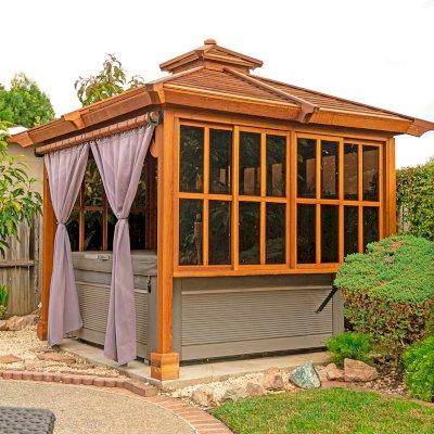 Hot Tub Enclosure Kits / Hot Tub Pavilion (Options: 9' x 9', California Redwood, Without Skylight, Sliding Windows on 3 Sides, 32" H Windows Clearance, 1 Curtain Rod, 4-Post Anchor Kit for Concrete, Transparent Premium Sealant). Photo Courtesy of A. Lin of Sunnyvale, California.