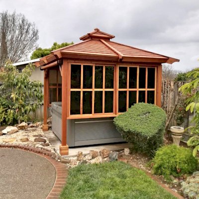 Hot Tub Enclosure Kits / Hot Tub Pavilion (Options: 9' x 9', California Redwood, Without Skylight, Sliding Windows on 3 Sides, 32" H Windows Clearance, 1 Curtain Rod, 4-Post Anchor Kit for Concrete, Transparent Premium Sealant). Photo Courtesy of A. Lin of Sunnyvale, California.