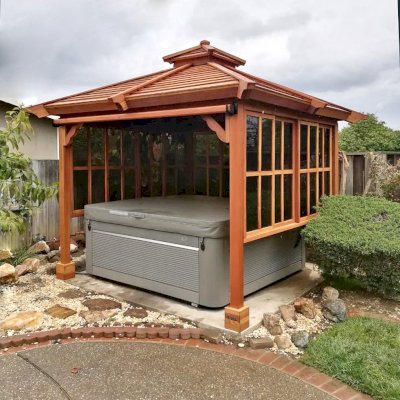 Hot Tub Enclosure Kits / Hot Tub Pavilion (Options: 9' x 9', California Redwood, Without Skylight, Sliding Windows on 3 Sides, 32" H Windows Clearance, 1 Curtain Rod, 4-Post Anchor Kit for Concrete, Transparent Premium Sealant). Photo Courtesy of A. Lin of Sunnyvale, California.