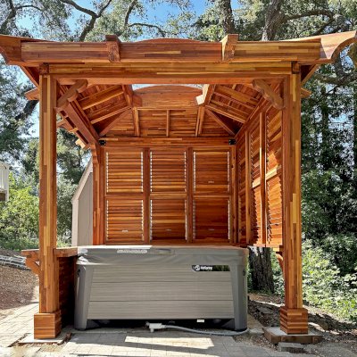 Hot Tub Enclosure Kits / Hot Tub Pavilion (Options: 9' x 9', Mosaic Redwood, With 4' x 4' Skylight, Louvered Panels on 2 Sides and Bar by Custom Request, 30" H Windows Clearance, 9.5' H Posts, No Curtain Rod, 4-Post Anchor Kit for Concrete, Transparent Premium Sealant). Photo Courtesy of M. Van Zanen of Ben Lomond, CA.