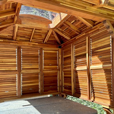 Hot Tub Enclosure Kits / Hot Tub Pavilion (Options: 9' x 9', Mosaic Redwood, With 4' x 4' Skylight, Louvered Panels on 2 Sides and Bar by Custom Request, 30" H Windows Clearance, 9.5' H Posts, No Curtain Rod, 4-Post Anchor Kit for Concrete, Transparent Premium Sealant). Photo Courtesy of M. Van Zanen of Ben Lomond, CA.
