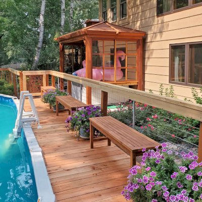 Hot Tub Enclosure Kits / Hot Tub Pavilion (Options: 14' x 7', California Redwood, Windows on 2 sides, 36" H Windows Clearance, 4-Post Kit for Concrete, Transparent Premium Sealant). Photo Courtesy of E. Dudek of Saint Paul, Minnesota.