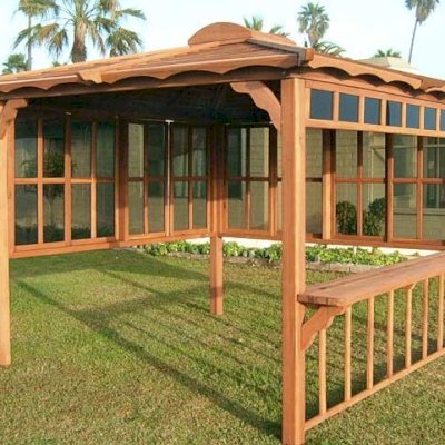 Hot Tub Enclosure Kits / Hot Tub Pavilion (Options: 9' x 9', Old-Growth Redwood, Windows on 2 Sides, No Curtain Rods, 4-Post Anchor Kit for Stone, Transparent Premium Sealant). Window Bar is a Custom Request