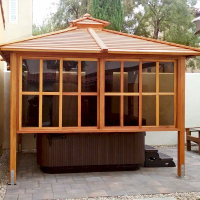 Hot Tub Enclosure Kits / Hot Tub Pavilion (Options: 10' x 10', California Redwood, Windows on 2 Sides, 4-Post Anchor Kit for Concrete, Transparent Premium Sealant). Photo Courtesy of Karl Biorkman of Irvine, CA.