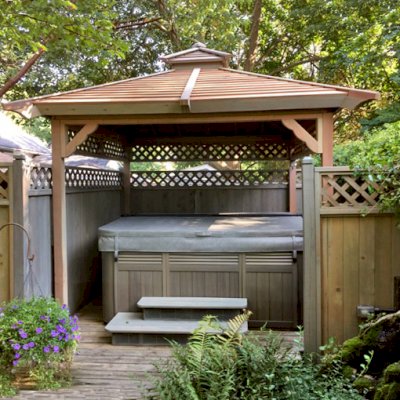 Hot Tub Enclosure Kits / Hot Tub Pavilion (Options: 9' x 9', California Redwood, No Windows, Lattice Panels on 3 Sides, No Anchors, Custom Sealant). Photo Courtesy of G. Barth of Cherry Hill, NJ.
