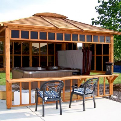 Hot Tub Enclosure Kits / Hot Tub Pavilion (Options: 10' x 10', California Redwood, Windows on 2 Sides, No Curtain Rods, 4-Post Anchor Kit for Stone, Transparent Premium Sealant). Window Bar is a Custom Request. Photo Courtesy of Sherry L. of Smithton, IL. 