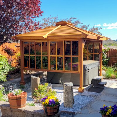 Hot Tub Enclosure Kits / Hot Tub Pavilion (Options: 10' x 10', California Redwood, Windows on 3 Sides, with 2x2 Skylight, 4-Post Anchor Kit for Concrete, Transparent Premium Sealant). 