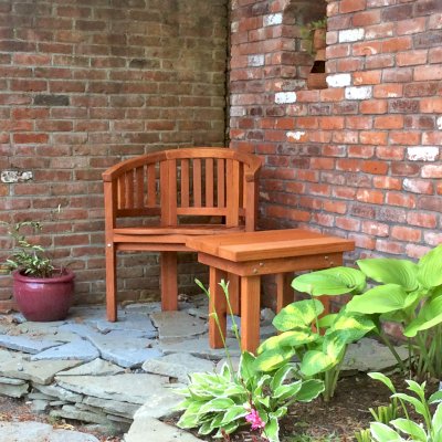 Jane's Key West Chair (Options: Mature Redwood, No Cushion, No Engraving, Transparent Premium Sealant). Photo Also Shows a Rectangular Side Table. Photo Courtesy of Tom. James T. Dewing of Orleans, Massachusetts.