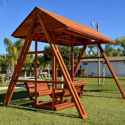 Jean's Ultimate Swing Sets (Options: Mature Redwood, San Anthony Glider with 2 Standard Swing Seats, Standard Roof, No Kid's Platform/Side Table, No, Engraving, Transparent Premium Sealant)