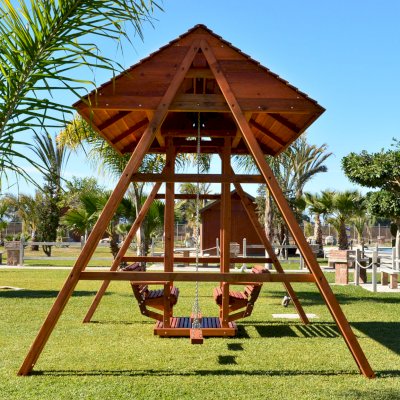 Jean's Ultimate Swing Sets (Options: Mature Redwood, San Anthony Glider with 2 Standard Swing Seats, Standard Roof, No Kid's Platform/Side Table, No, Engraving, Transparent Premium Sealant)