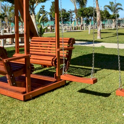 Jean's Ultimate Swing Sets (Options: Mature Redwood, San Anthony Glider with 2 Standard Swing Seats, Standard Roof, No Kid's Platform/Side Table, No, Engraving, Transparent Premium Sealant)