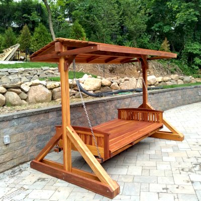 Jhoola Day Bed Swing Sets (Options: 6.5' L, 48" W, Include Frame with Roof, California Redwood, Add 2 Railings (North and South), Jhoola Style, No Cushion, Transparent Premium Sealant). 