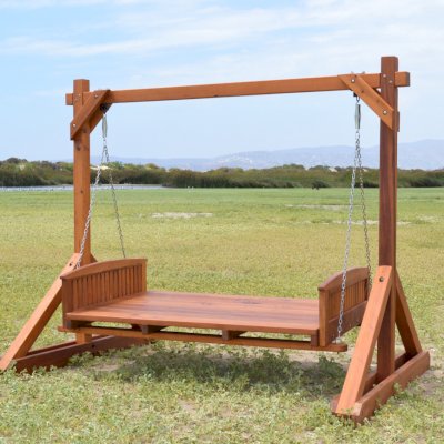 Jhoola Day Bed Swing Sets (Options: 6' L, 48" W, Include Frame without Roof, California Redwood, Add 2 Railings (North and South), Jhoola Style, No Cushion, Transparent Premium Sealant). 