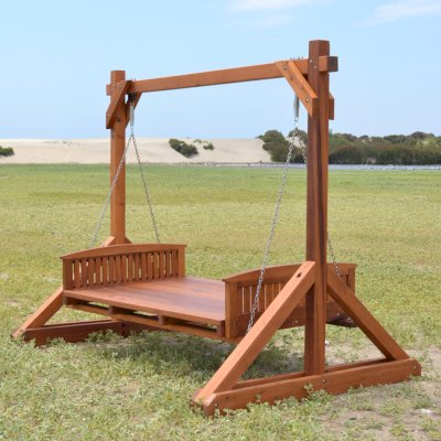 Jhoola Day Bed Swing Sets (Options: 6' L, 48" W, Include Frame without Roof, California Redwood, Add 2 Railings (North and South), Jhoola Style, No Cushion, Transparent Premium Sealant). 
