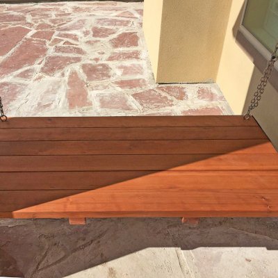 Jhoola Day Bed Swing Sets (Options: 5 ' L, 30" W, Seat Only, Old-Growth Redwood, All Beam Hanging Hardware, No Railings, No Railings, No Cushion, Transparent Premium Sealant). Photo Courtesy of Anita Singh of Katy, TX.