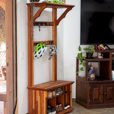 Julia's Hall Trees (Options: Mosaic Redwood, Black Hooks, 1 Row Shoes, 1 Row Boots, Transparent Premium Sealant). 