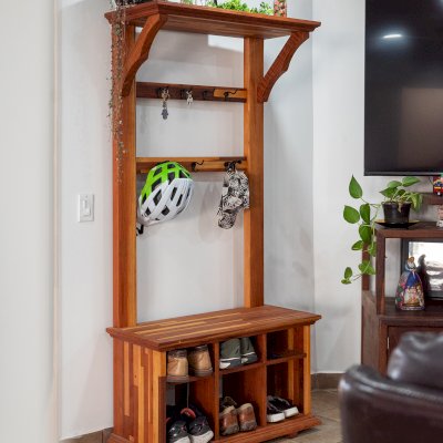 Julia's Hall Trees (Options: Mosaic Redwood, Black Hooks, 1 Row Shoes, 1 Row Boots, Transparent Premium Sealant). 
