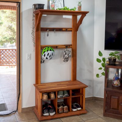 Julia's Hall Trees (Options: Mosaic Redwood, Black Hooks, 1 Row Shoes, 1 Row Boots, Transparent Premium Sealant). 