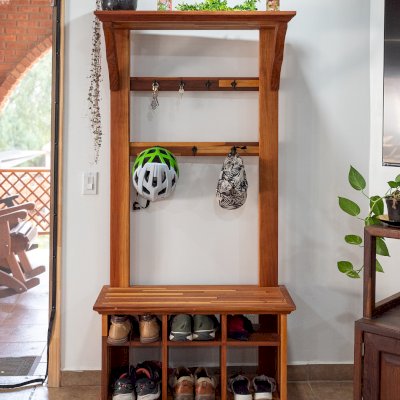 Julia's Hall Trees (Options: Mosaic Redwood, Black Hooks, 1 Row Shoes, 1 Row Boots, Transparent Premium Sealant). 