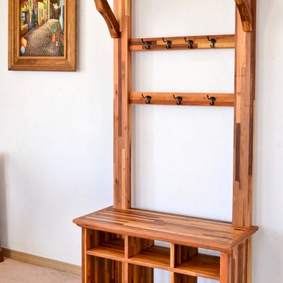 Julia's Hall Trees (Options: Mosaic Redwood, Black Hooks, 1 Row Shoes, 1 Row Boots, Transparent Premium Sealant). 