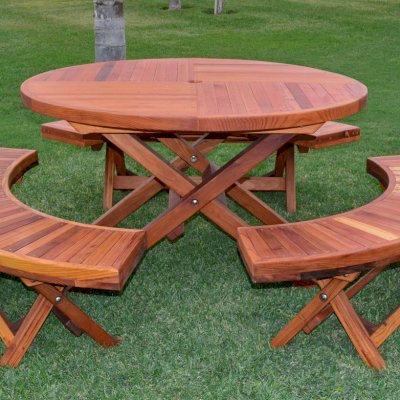 Karyn's Redwood Round Folding Picnic Table (Options: Arc Picnic Benches, California Redwood, 3 Arc Folding Benches, Standard Tabletop, Checkerboard, No Umbrella Hole, Transparent Premium Sealant).