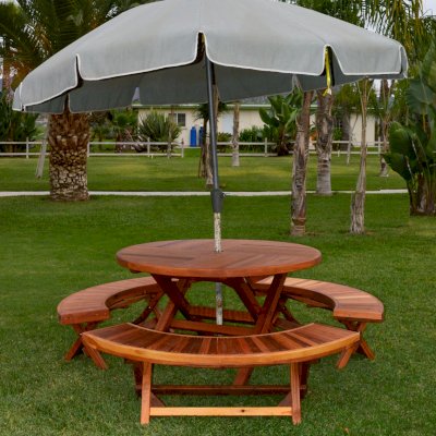 Karyn's Redwood Round Folding Picnic Table (Options: Arc Picnic Benches, California Redwood, 3 Arc Folding Benches, Standard Tabletop, Checkerboard, Umbrella Hole, Transparent Premium Sealant).