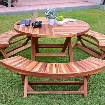 Karyn's Redwood Round Folding Picnic Table (Options: Arc Picnic Benches, California Redwood, 3 Arc Folding Benches, Standard Tabletop, Checkerboard, No Umbrella Hole, Transparent Premium Sealant).