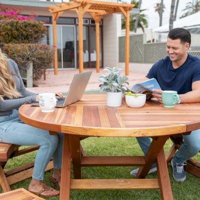 Karyn's Redwood Round Folding Picnic Table (Options: Arc Picnic Benches, California Redwood, 3 Arc Folding Benches, Standard Tabletop, Checkerboard, No Umbrella Hole, Transparent Premium Sealant).