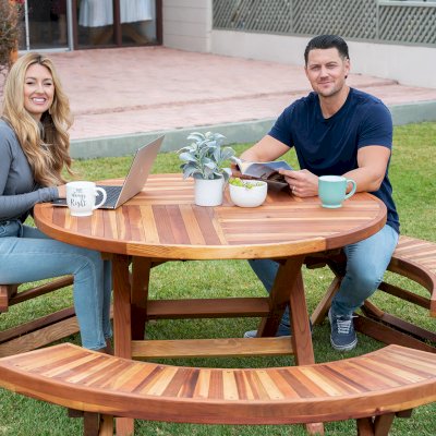 Karyn's Redwood Round Folding Picnic Table (Options: Arc Picnic Benches, California Redwood, 3 Arc Folding Benches, Standard Tabletop, Checkerboard, No Umbrella Hole, Transparent Premium Sealant).