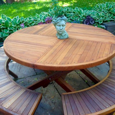 Karyn's Redwood Round Folding Picnic Table (Options: Folding Arc Benches, Mature Redwood, 3 Folding Arc Benches, Standard Tabletop, Checkerboard Design Tabletop, Umbrella Hole & Plug, Transparent Premium Sealant). Photo Courtesy of Kathy Gingrich of West Chicago, Illinois.
