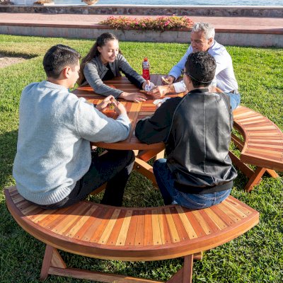 Karyn's Redwood Round Folding Picnic Table (Options: Arc Picnic Benches, California Redwood, 3 Arc Folding Benches, Standard Tabletop, Checkerboard, No Umbrella Hole, Transparent Premium Sealant).