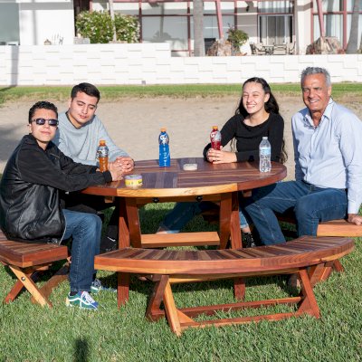 Karyn's Redwood Round Folding Picnic Table (Options: Arc Picnic Benches, California Redwood, 3 Arc Folding Benches, Standard Tabletop, Checkerboard, No Umbrella Hole, Transparent Premium Sealant).