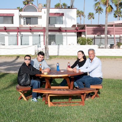 Karyn's Redwood Round Folding Picnic Table (Options: Arc Picnic Benches, California Redwood, 3 Arc Folding Benches, Standard Tabletop, Checkerboard, No Umbrella Hole, Transparent Premium Sealant).