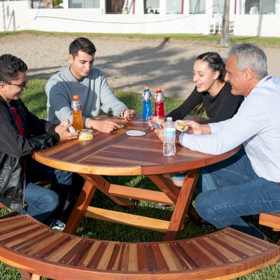 Karyn's Redwood Round Folding Picnic Table (Options: Arc Picnic Benches, California Redwood, 3 Arc Folding Benches, Standard Tabletop, Checkerboard, No Umbrella Hole, Transparent Premium Sealant).