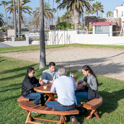 Karyn's Redwood Round Folding Picnic Table (Options: Arc Picnic Benches, California Redwood, 3 Arc Folding Benches, Standard Tabletop, Checkerboard, No Umbrella Hole, Transparent Premium Sealant).