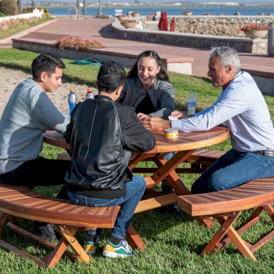 Karyn's Redwood Round Folding Picnic Table (Options: Arc Picnic Benches, California Redwood, 3 Arc Folding Benches, Standard Tabletop, Checkerboard, No Umbrella Hole, Transparent Premium Sealant).