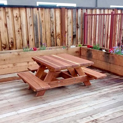 Custom Kid Size Wood Picnic Table (Attached Benches) (Options: California Redwood, No Umbrella, Standard Top, Custom End Bench, Transparent Premium Sealant). Photo Courtesy of T. Becker of San Jose, CA.