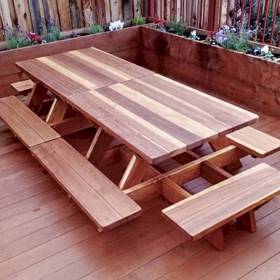 Custom Kid Size Wood Picnic Table (Attached Benches) (Options: California Redwood, No Umbrella, Standard Top, Custom End Bench, Transparent Premium Sealant). Custom set for School. Was designed to easily use as one large gathering point or separate as two. Photo Courtesy of T. Becker of San Jose, CA.